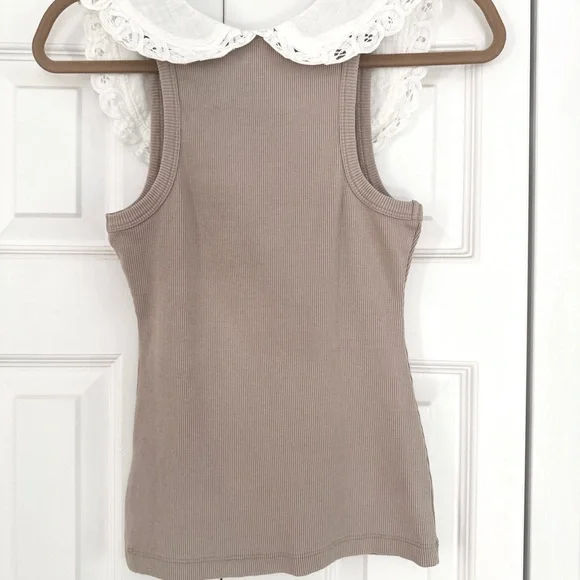Anthropologie Beige Tank Top with White Lace Collar - Picture 2 of 12